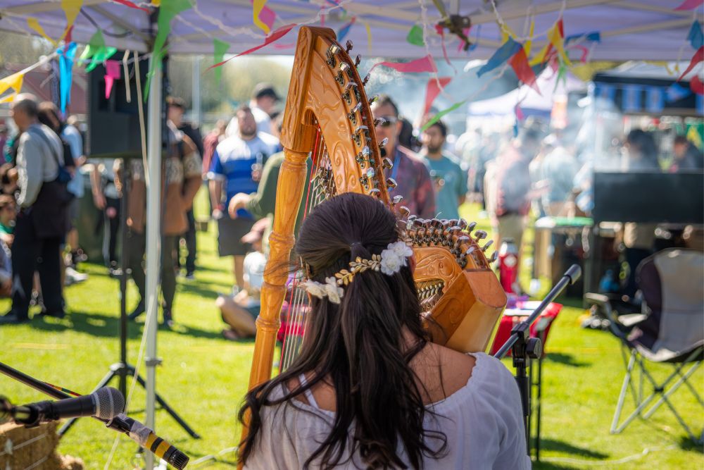 Musician performing with a harp during the Latin American Spring Festival